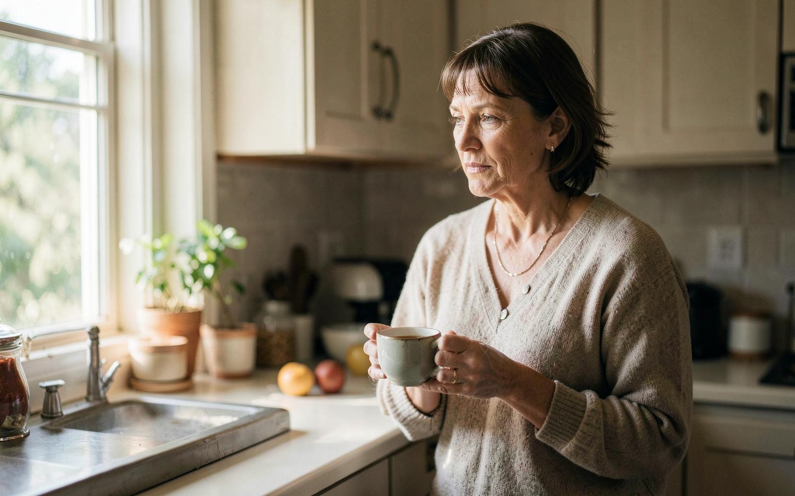Mujer adulta con una taza de té junto a la ventana de su cocina